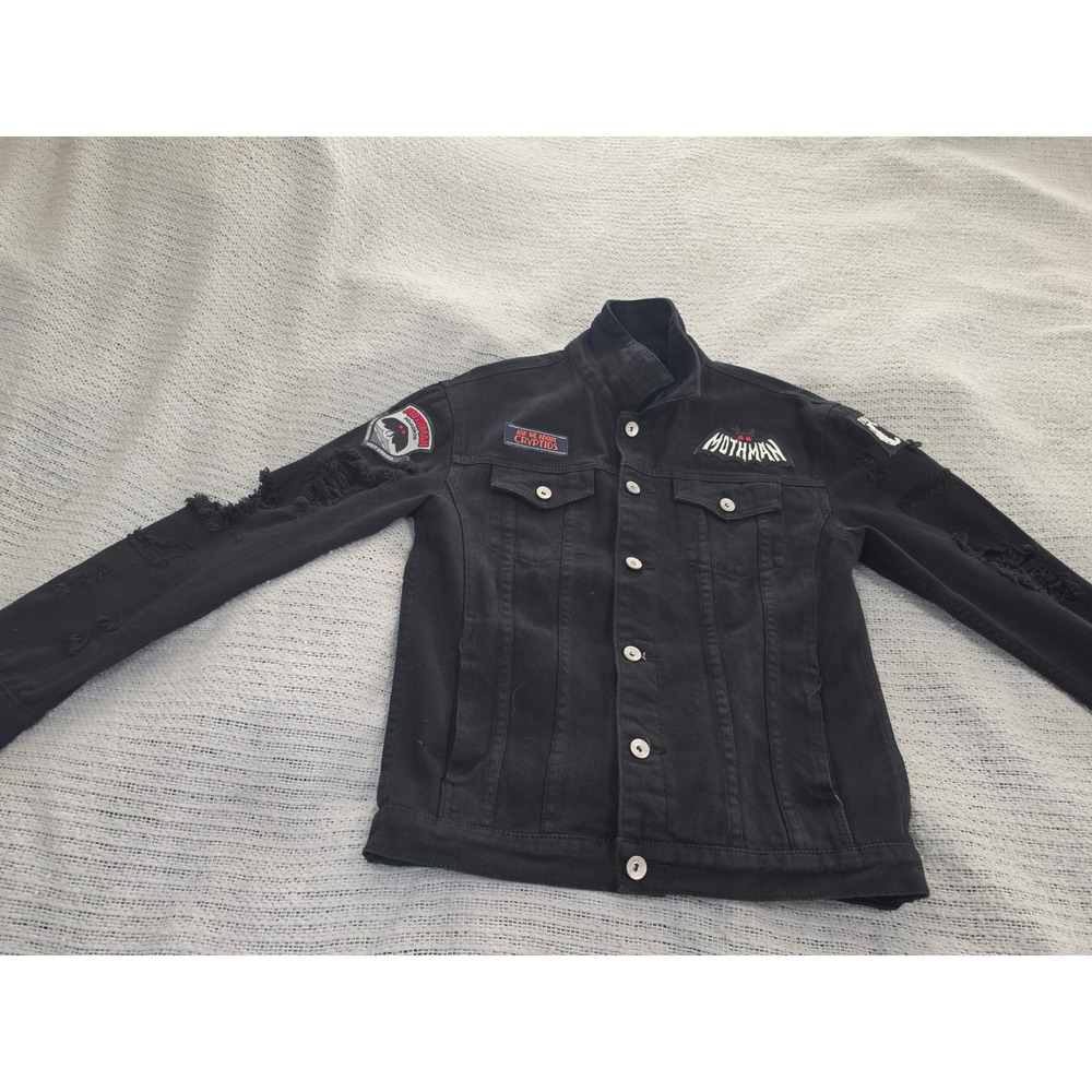 Custom Distressed Black Denim Jacket Mothman The Cure Cryptid Patches Punk Edgy